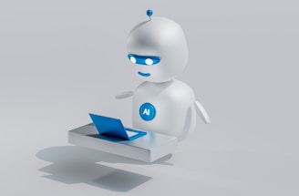 A small, round robot with a smooth white surface and blue accents operates a blue laptop on a sleek, floating platform. The robot has glowing eyes and an antenna on its head, with an 'AI' emblem on its front.